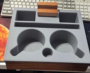 Wooden Couch Caddy Organizer Tray Dual Cup Holders Phone Stand Gray